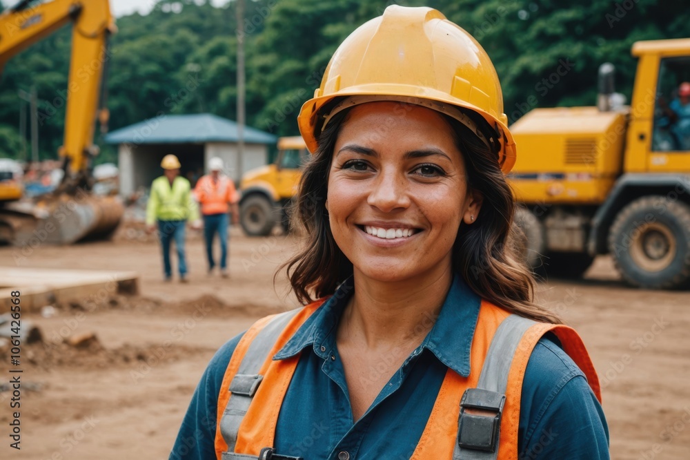 Close portrait of a smiling 40s Costa Rican woman construction worker looking at the camera, Costa Rican outdoors construction site blurred background Close portrait of a smiling 40s Costa Rican woman construction worker looking at the camera, Costa Rican outdoors construction site blurred background