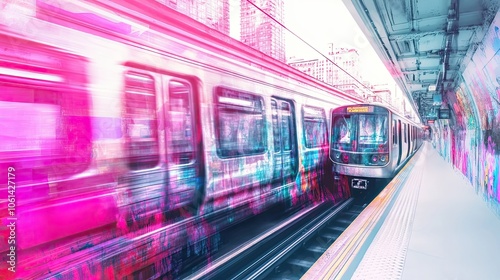 A Blurry Pink Subway Train Arriving at a Platform with Graffiti-Covered Walls