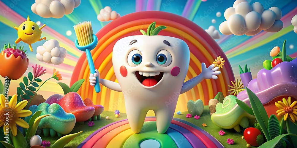 Joyful Cartoon Tooth with Toothbrush in Heartwarming Scene Joyful Cartoon Tooth with Toothbrush in Heartwarming Scene