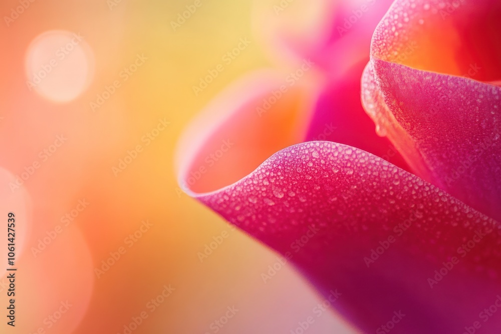 A close-up of a vibrant flower petal adorned with dew droplets against a soft, colorful background. A close-up of a vibrant flower petal adorned with dew droplets against a soft, colorful background.