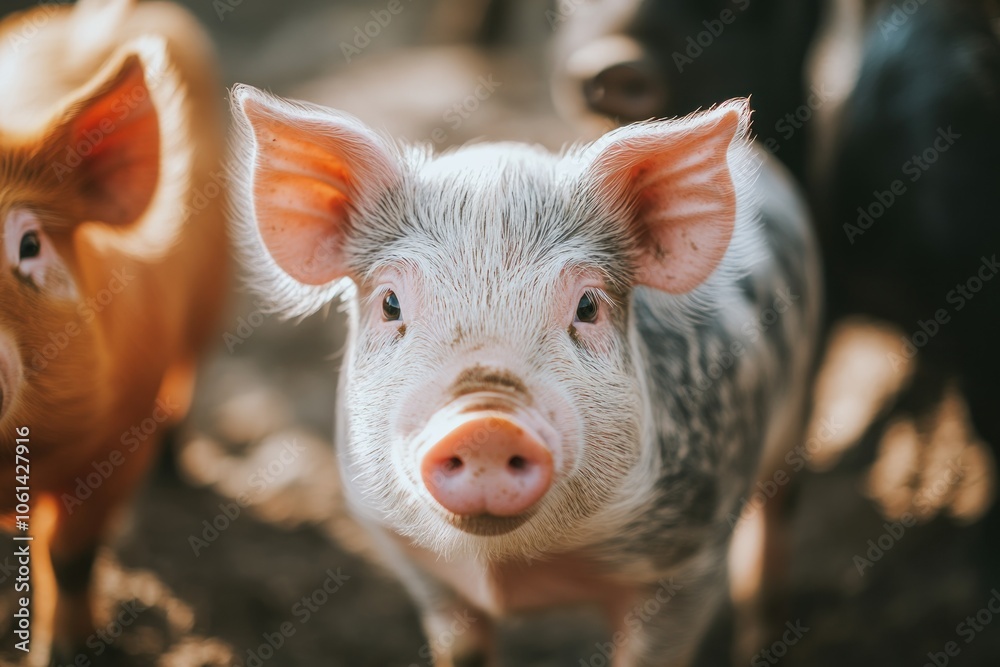 A close-up of a curious piglet with distinctive markings in a farm setting. A close-up of a curious piglet with distinctive markings in a farm setting.