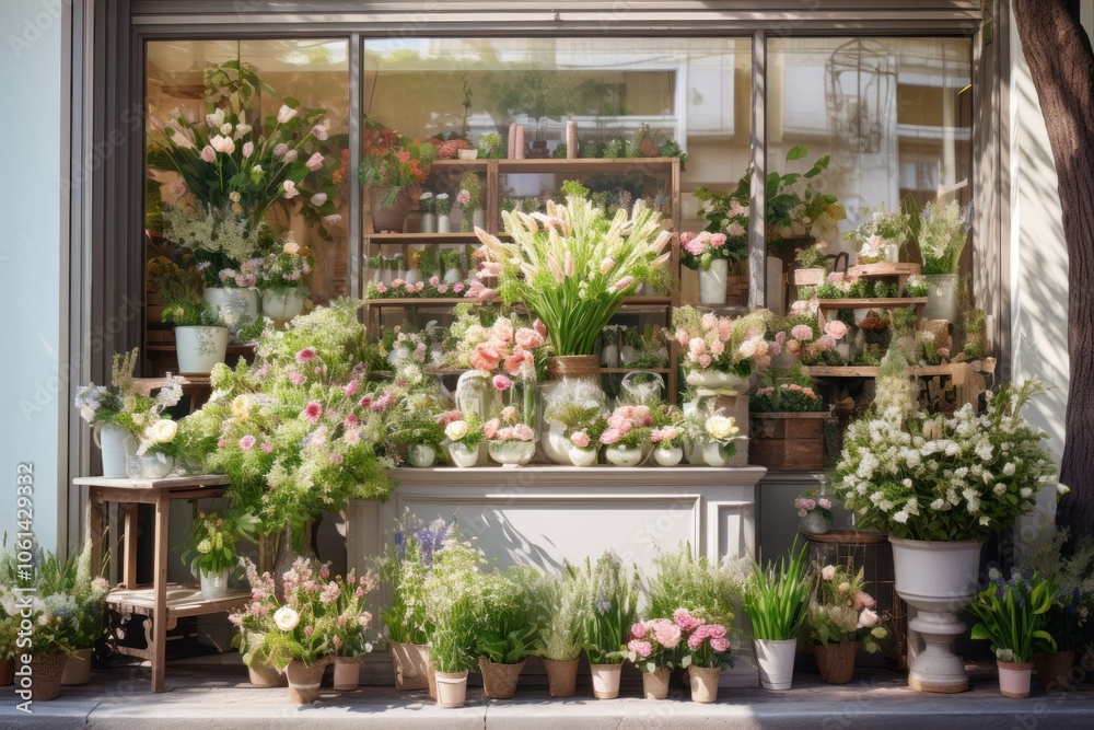 Flower shop outdoors window plant. Flower shop outdoors window plant.