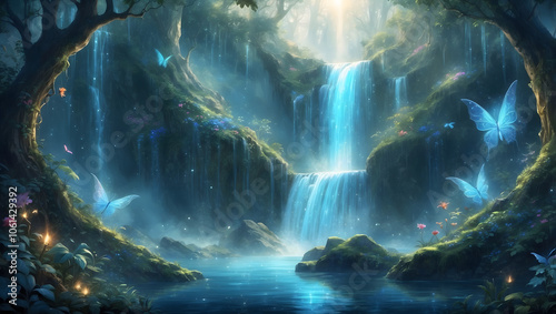 Magical forest waterfall with glowing butterflies and serene atmosphere in digital game style 