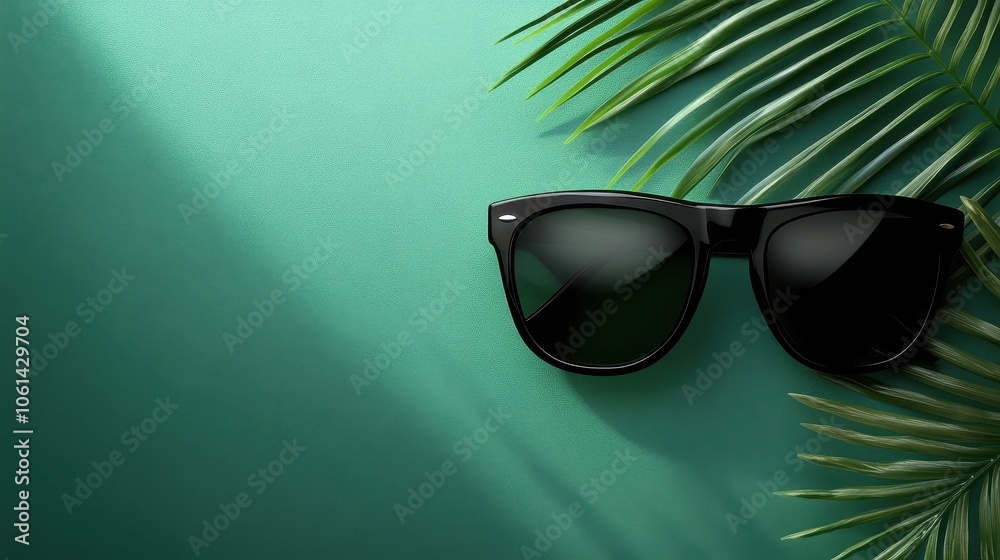 Tropical Vibes: Sunglasses and Palm Leaves on Vibrant Green Background Tropical Vibes: Sunglasses and Palm Leaves on Vibrant Green Background