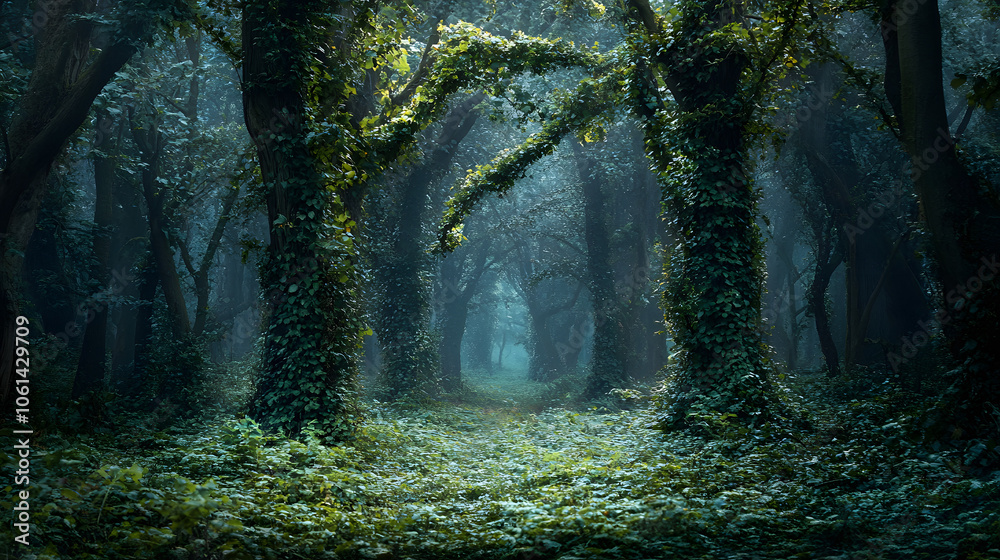 A haunted forest with vines of poisonous ivy creeping up trees. A haunted forest with vines of poisonous ivy creeping up trees.