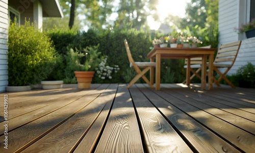 Wooden deck with potted flowers in foreground and a blurred background of patio furniture.