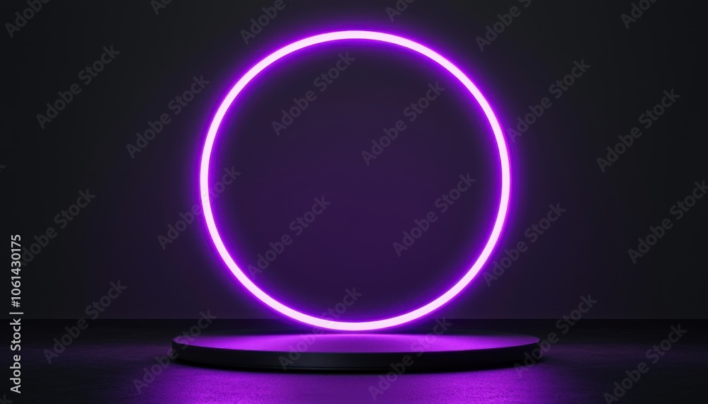 A glowing purple circle on a dark pedestal, creating a modern and minimalistic display for artistic or promotional purposes. A glowing purple circle on a dark pedestal, creating a modern and minimalistic display for artistic or promotional purposes.