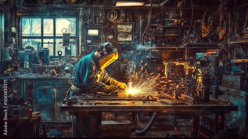 Dynamic Poster of a Skilled Welder in Action: Capturing the Intensity of Metal Assembly and Welding Sparks in a Dimly Lit Workshop - Perfect for Sports or Industrial Decor Dynamic Poster of a Skilled Welder in Action: Capturing the Intensity of Metal Assembly and Welding Sparks in a Dimly Lit Workshop - Perfect for Sports or Industrial Decor
