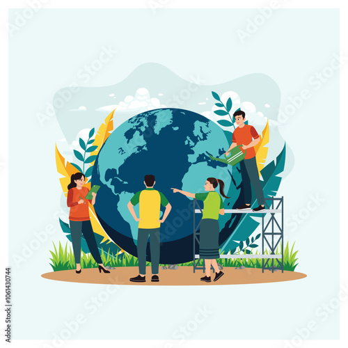 A group of people prepare for Earth Day. Save the earth and the environment. Earth Day concept. Flat vector illustration.