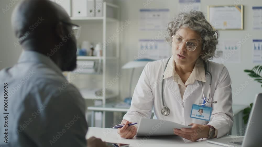 Middle-aged female doctor with curly gray hair taking medical history from Black male patient, reading records and answering questions during medical appointment in clinic Middle-aged female doctor with curly gray hair taking medical history from Black male patient, reading records and answering questions during medical appointment in clinic