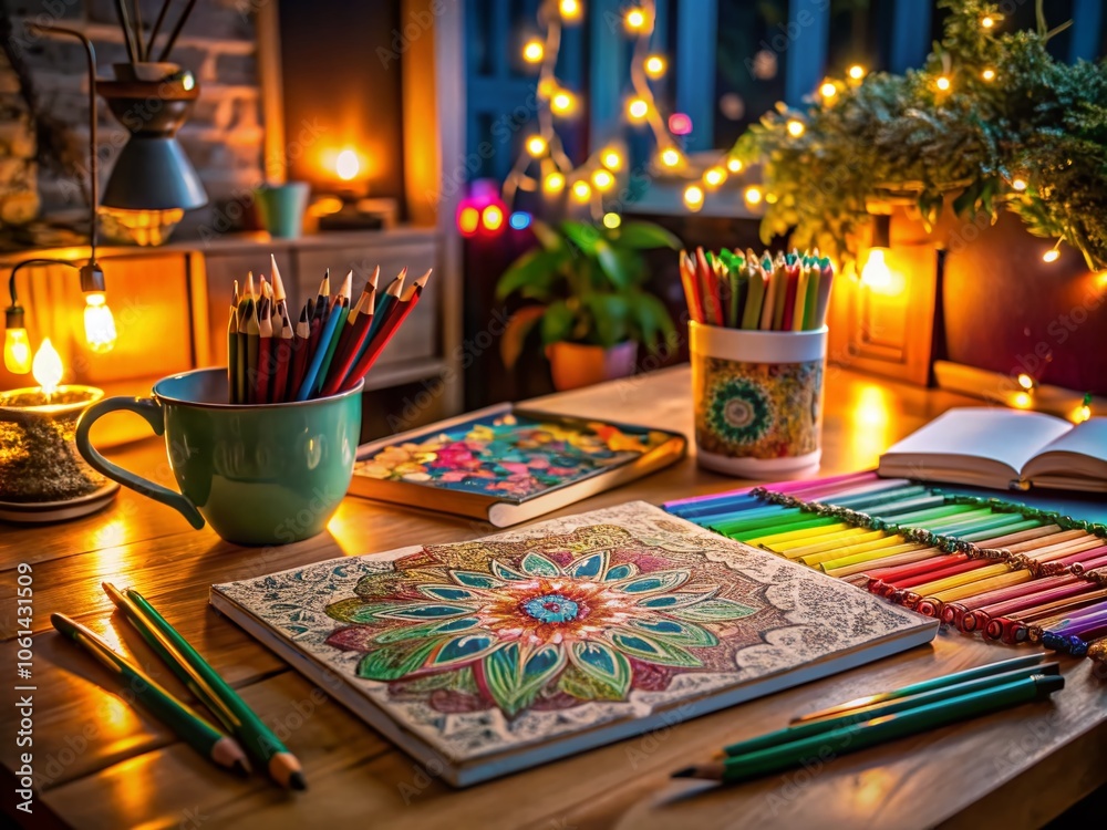 Low Light Photography of Creative Coloring Activity with Vibrant Colors and Art Supplies for Relaxation and Fun Low Light Photography of Creative Coloring Activity with Vibrant Colors and Art Supplies for Relaxation and Fun