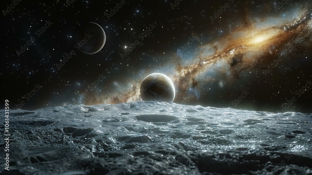 Fototapeta premium Distant planet with stars and galaxies in space.