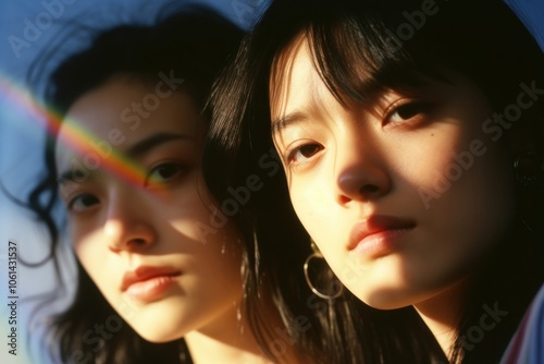 Rainbow light on friendship face photography portrait togetherness.