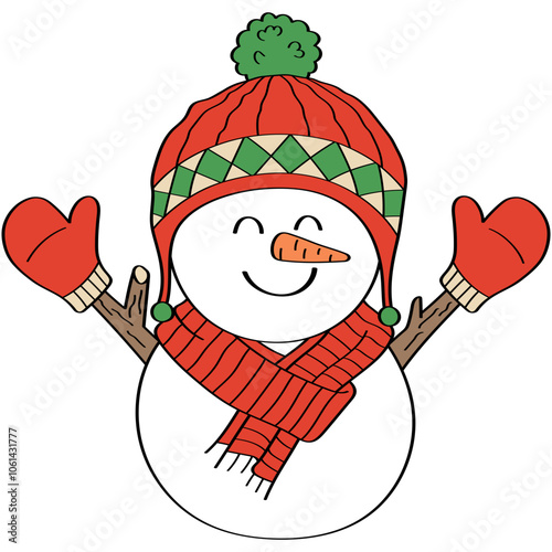 Snowman with scarf wears an earflap hat knitting beanie and mitten