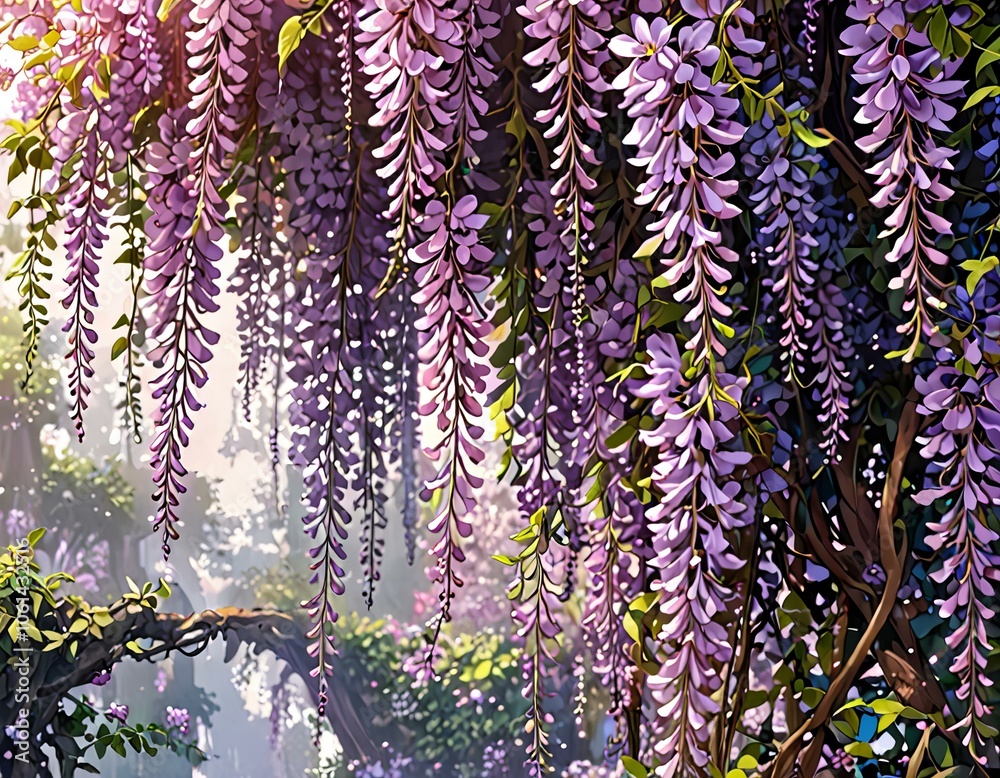 Cascading wisteria vine, purple blossoms hanging in clusters.