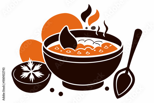 Winter Comfort Food silhouettes: Warm Soup in Bowl on white background 