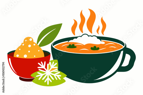 Winter Comfort Food silhouettes: Warm Soup in Bowl on white background 