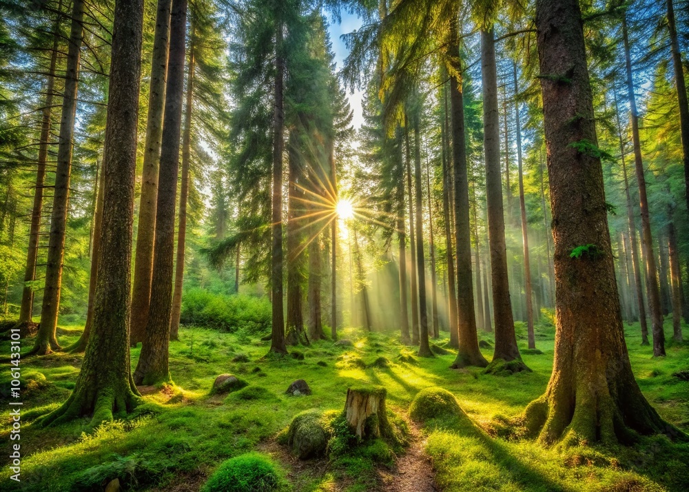 Obraz premium Lush Green Forest with Old Spruce Fir and Pine Trees - Vibrant Nature, Healthy Ecosystem, Tranquil Landscape, Natural Beauty, Forest Conservation, Eco-friendly Environment, Scenic Wilderness