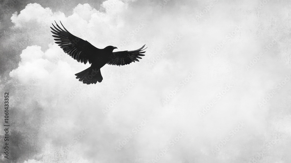 Obraz premium Solitary Raven Soaring Through Ethereal Clouds