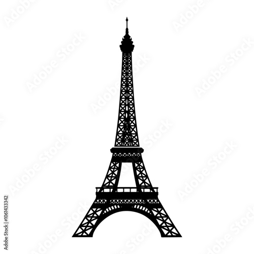 Eiffel Tower silhouette, iconic Parisian landmark, black and white illustration
