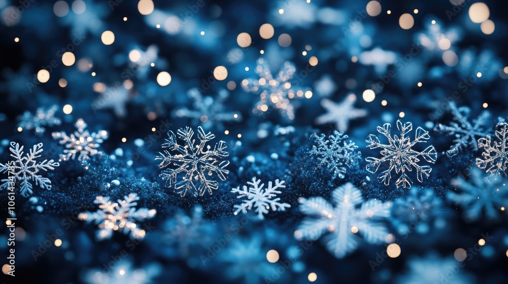 Stunning Close-Up of Intricate Snowflakes on a Dark Blue Background with Glowing Bokeh Lights in a Winter Wonderland Scene