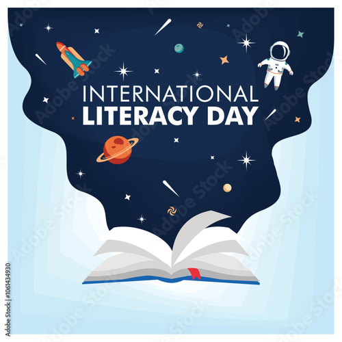 Open book and space. A storybook with a space imagination. Happy Literacy Day concept. Flat vector illustration.