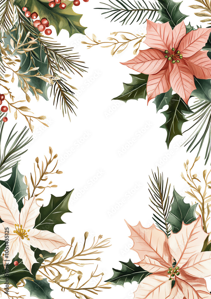 A festive wreath featuring vibrant poinsettias and pine leaves against a black background. A festive wreath featuring vibrant poinsettias and pine leaves against a black background.