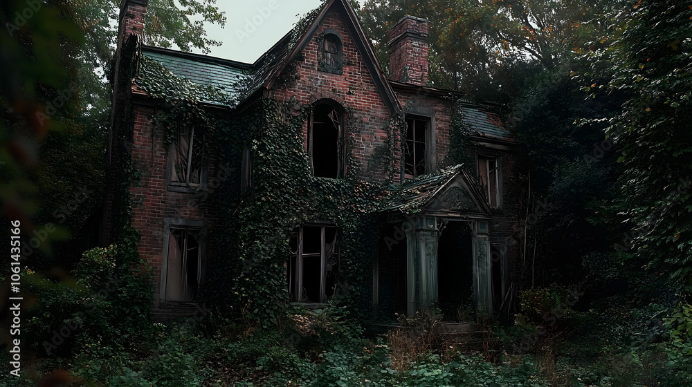 A haunted house overgrown with toxic ivy and thorny vines. A haunted house overgrown with toxic ivy and thorny vines.