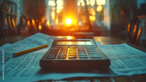 A calculator resting on financial papers with a warm sunset in the background, symbolizing the end of a workday and the importance of accounting and finance.