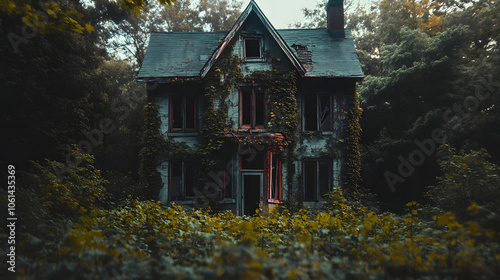 A haunted house overgrown with toxic ivy and thorny vines. photo