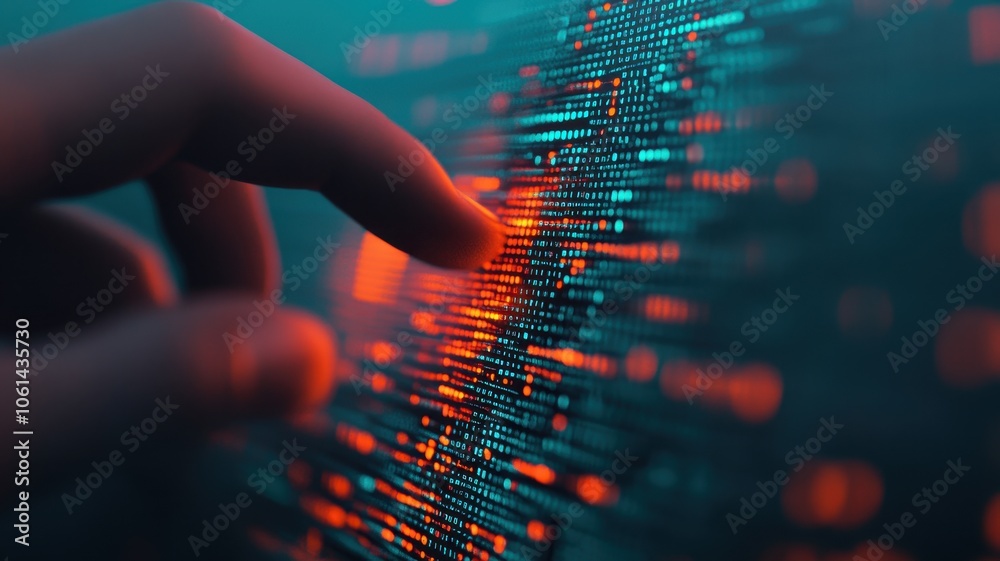 A close-up view of a human finger interacting with a digital interface, showcasing glowing data streams and vibrant colors, symbolizing innovation and technology advancement. A close-up view of a human finger interacting with a digital interface, showcasing glowing data streams and vibrant colors, symbolizing innovation and technology advancement.