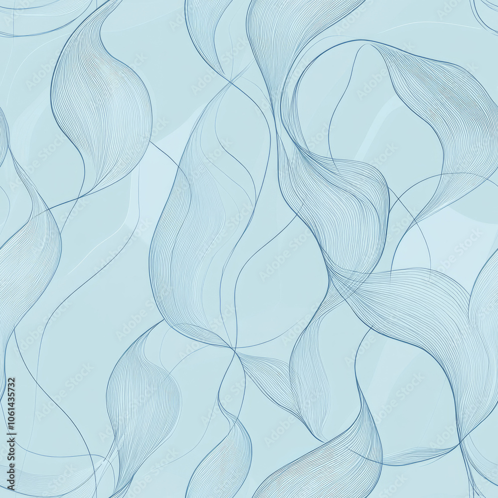 Seamless pattern of soft relaxing minimalist dark blue line drawing fine lines flowing botanical pattern curves and swirls on baby blue background Seamless pattern of soft relaxing minimalist dark blue line drawing fine lines flowing botanical pattern curves and swirls on baby blue background