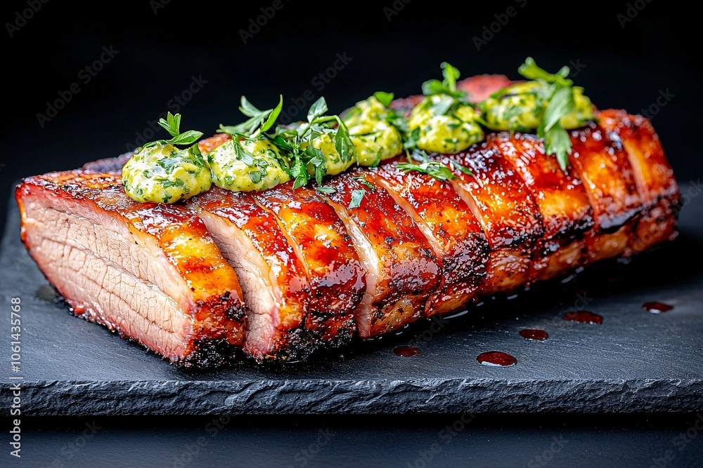 Glazed and Sliced Pork Roast with Herb Butter.