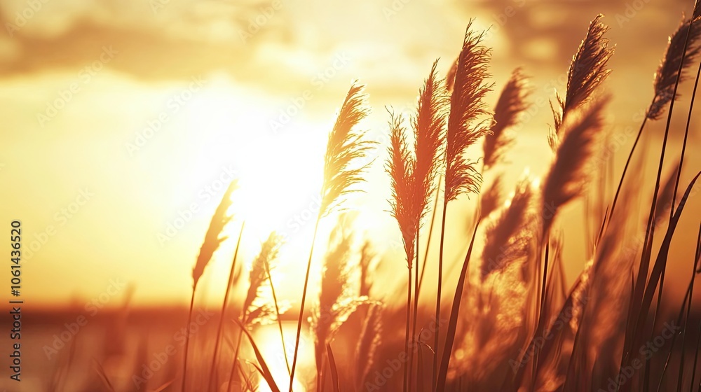 Silhouetted Grass Blades Swaying in Golden Sunset Light Silhouetted Grass Blades Swaying in Golden Sunset Light