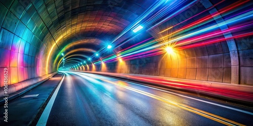 Abstract empty road tunnel with colorful light trails