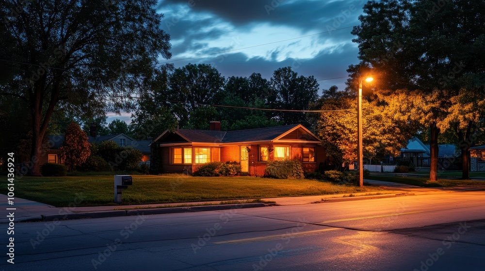 Cozy Suburban Home Illuminated Under Dramatic Twilight Sky Cozy Suburban Home Illuminated Under Dramatic Twilight Sky