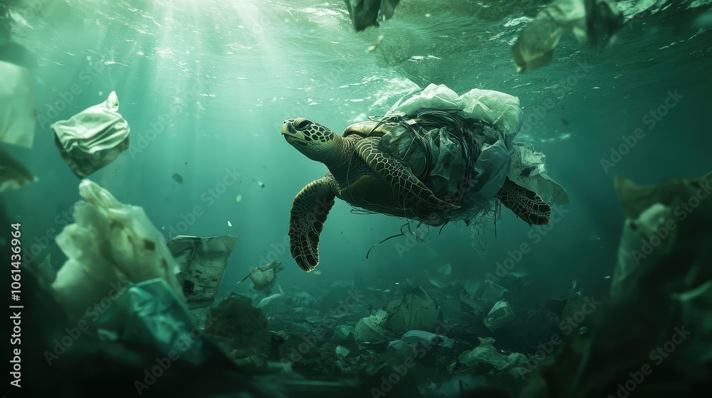 Endangered Sea Turtle Swimming in Plastic Pollution Endangered Sea Turtle Swimming in Plastic Pollution