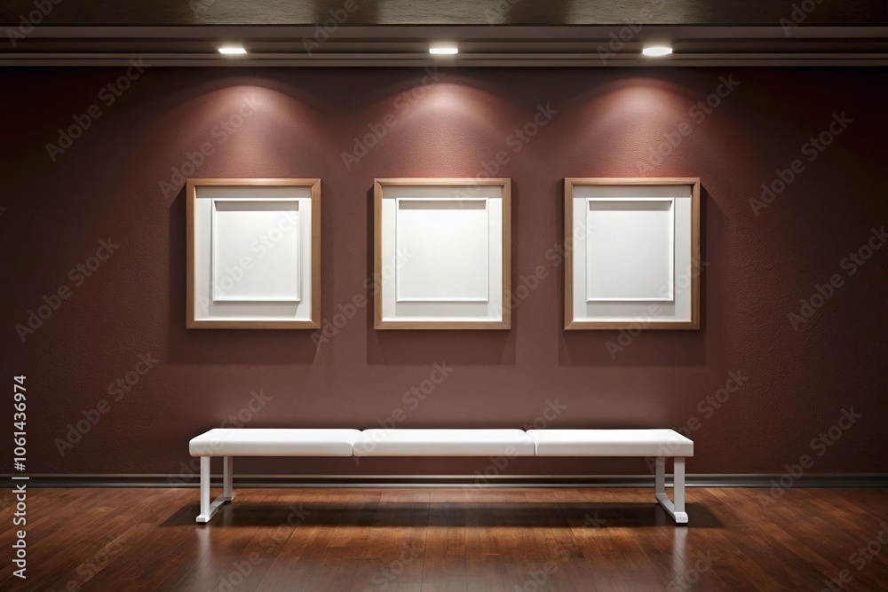 Aerial view of triple white square frames on a rich chocolate wall with museum lighting and a fiberglass bench Aerial view of triple white square frames on a rich chocolate wall with museum lighting and a fiberglass bench