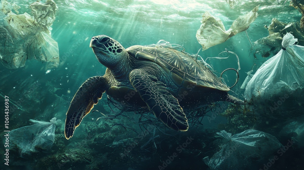 Fototapeta premium Majestic Sea Turtle Swimming Through Polluted Plastic Ocean