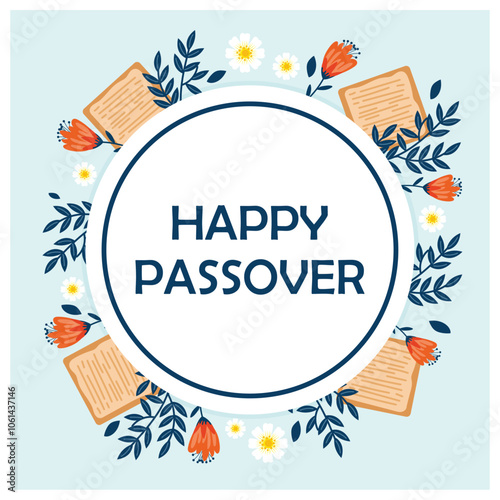 Easter greeting card with matzah and spring flowers. Jewish holiday background. Passover Day concept. Flat vector illustration.