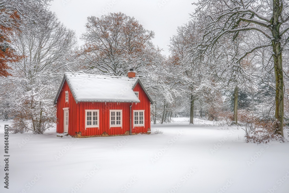 A quaint red cabin surrounded by a snowy landscape, evoking a serene winter atmosphere. A quaint red cabin surrounded by a snowy landscape, evoking a serene winter atmosphere.