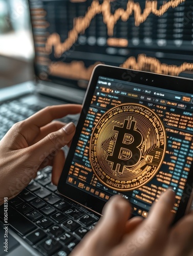 Hands holding a tablet displaying a golden Bitcoin amid vibrant stock market charts, symbolizing digital currency trading and investment opportunities in the financial market. photo