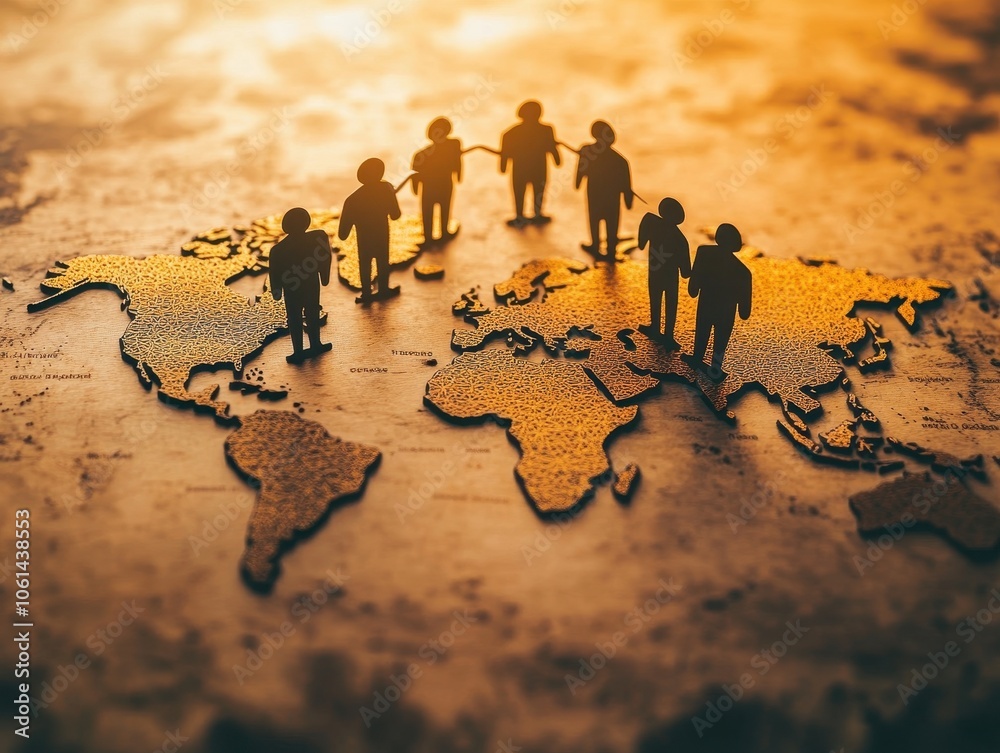 Silhouette of people standing on a map, symbolizing global unity and collaboration. Ideal for themes of teamwork, international relations, and globalization. Silhouette of people standing on a map, symbolizing global unity and collaboration. Ideal for themes of teamwork, international relations, and globalization.