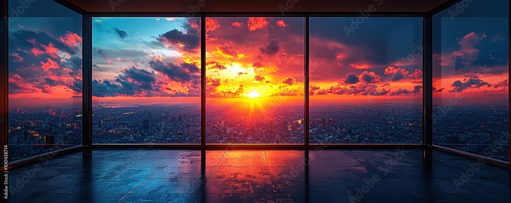 Panoramic view of a stunning sunset from a high-rise building, showcasing vibrant colors reflecting through large floor-to-ceiling windows overlooking the urban skyline. Panoramic view of a stunning sunset from a high-rise building, showcasing vibrant colors reflecting through large floor-to-ceiling windows overlooking the urban skyline.