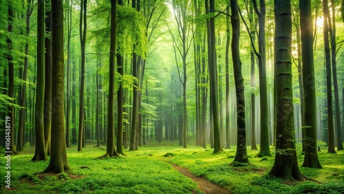 A lush green forest with tall trees standing upright in the foreground, trees, outdoors, tranquil, wilderness