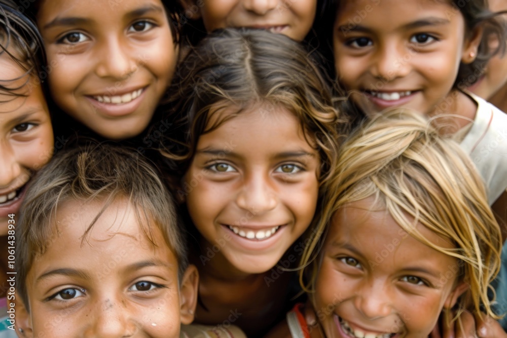 Group of happy children smiling and looking at the camera on a sunny day Group of happy children smiling and looking at the camera on a sunny day