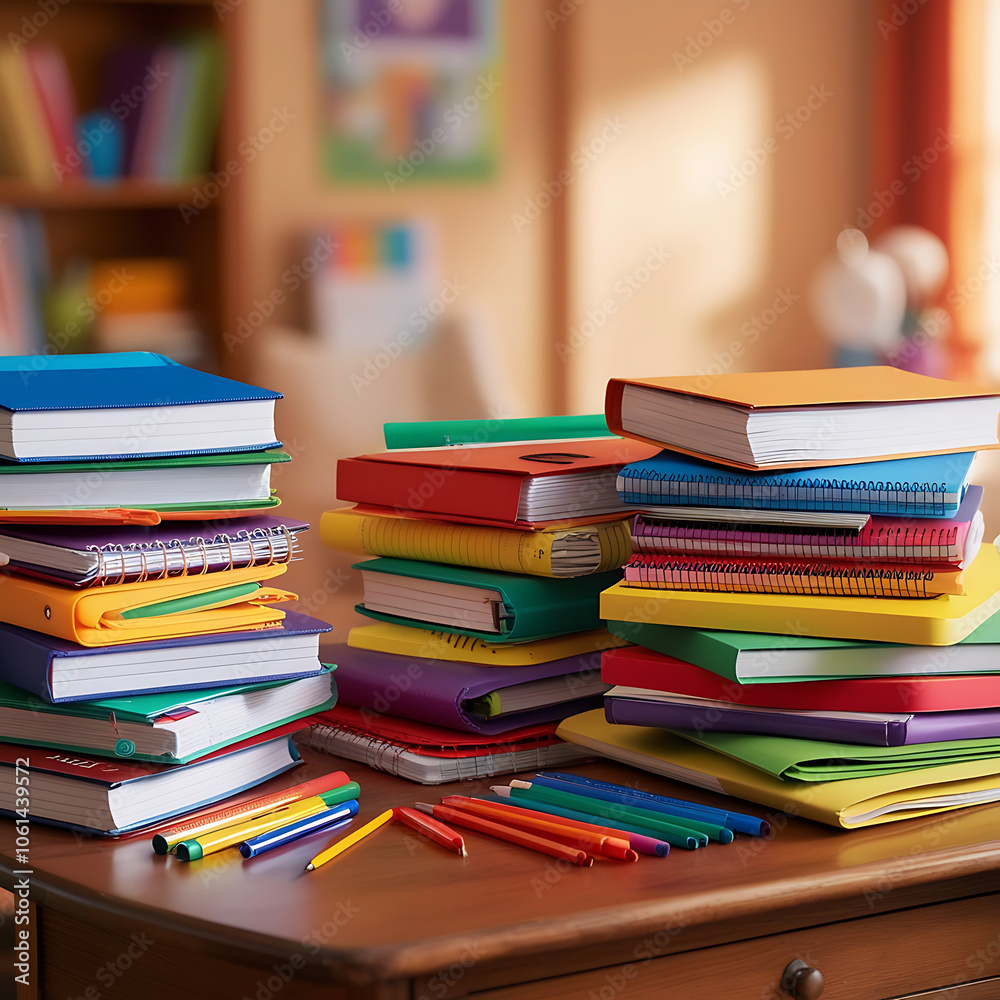 A colorful still-life arrangement of new back to school supplies, stacked horizontally on a wooden desk or table, with a blurred, warm-toned background that suggests a cozy study area or classroom A colorful still-life arrangement of new back to school supplies, stacked horizontally on a wooden desk or table, with a blurred, warm-toned background that suggests a cozy study area or classroom