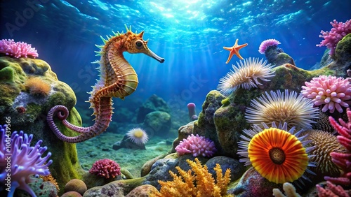 A seahorse and starfish inhabit a rocky crevice on the ocean floor, surrounded by anemones and coral, underwater scene, sea creatures photo