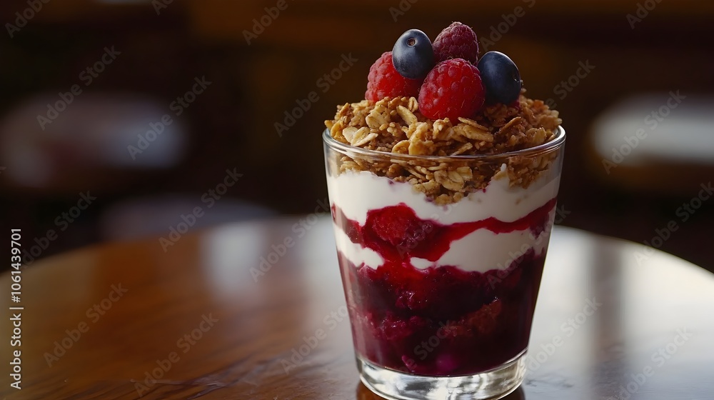 Vibrant Layered Yogurt Parfait with Granola and Fresh Berries in Glass Jar