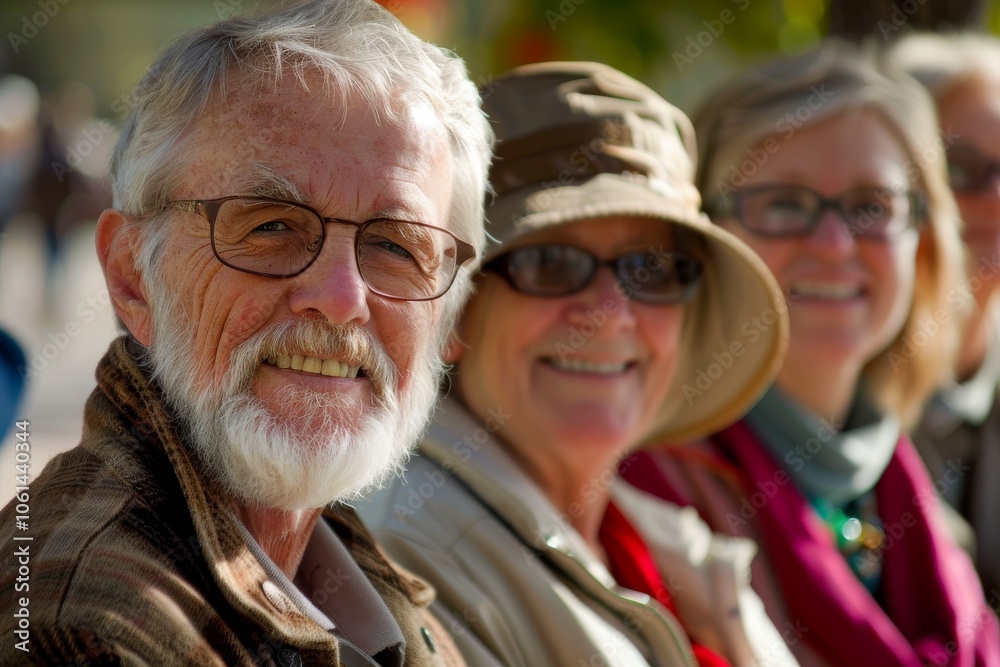 Group of smiling elderly people on a city street. Selective focus. Group of smiling elderly people on a city street. Selective focus.